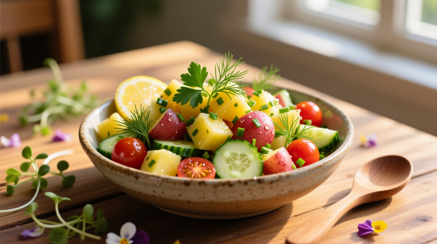 Colorful non mayo potato salad with fresh herbs