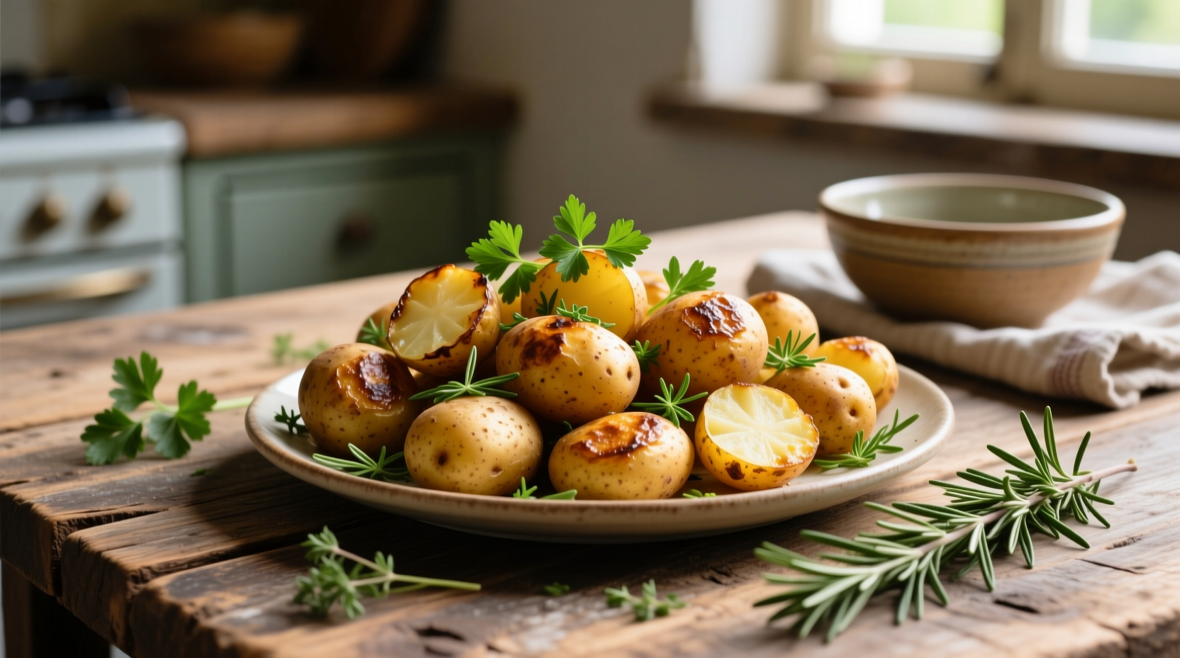 Golden roasted potatoes with fresh herbs on wooden table
