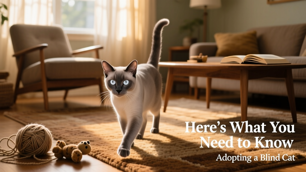 A calm, confident blind cat exploring a sunlit living room with textured rugs and familiar furniture