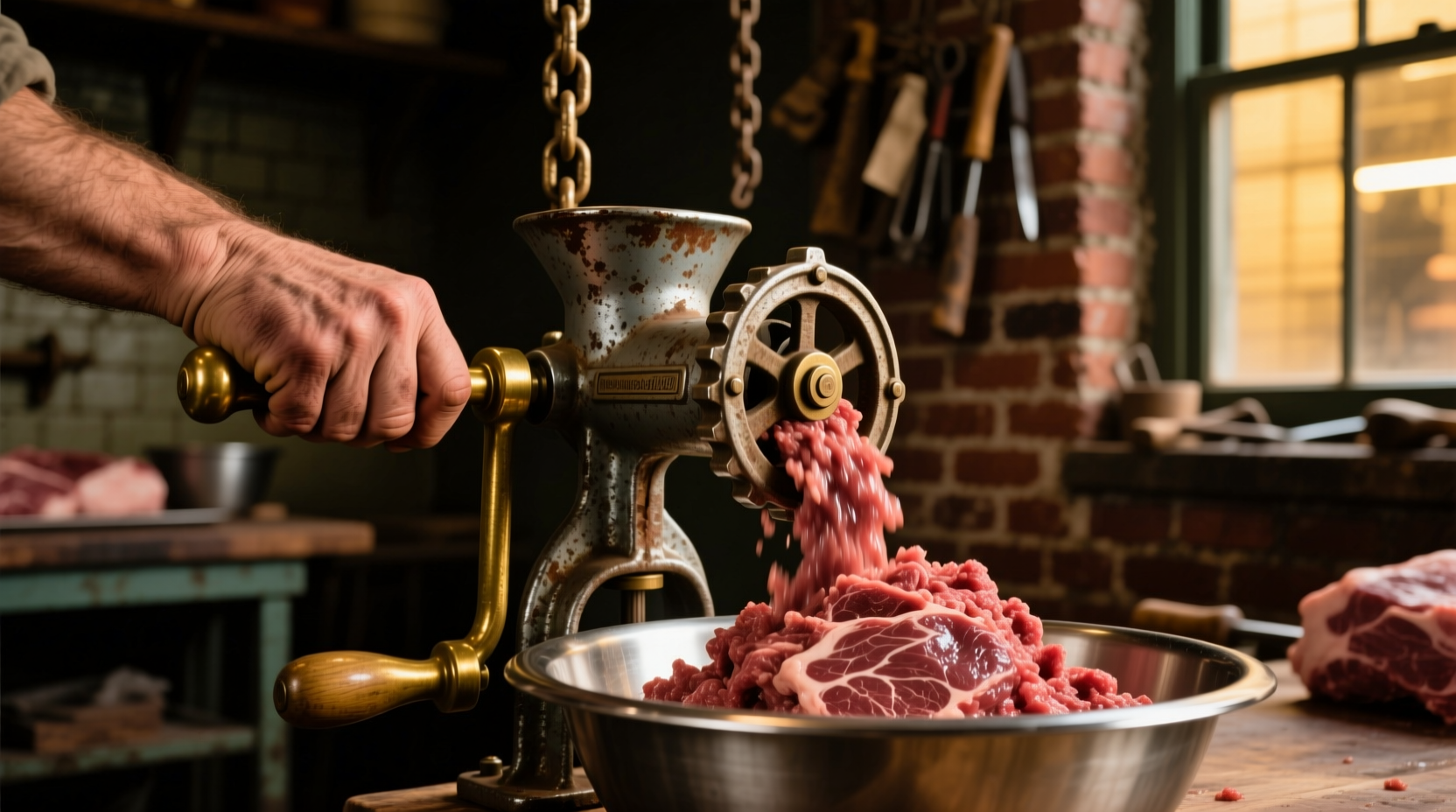 Hand operating a vintage meat grinder with ground beef