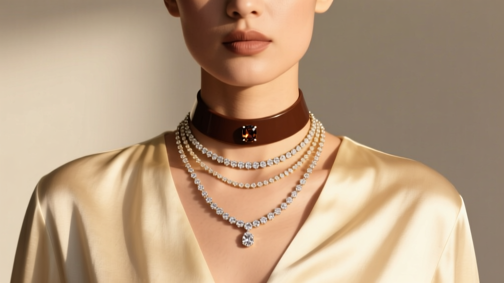 Model wearing a layered necklace stack with a chocolate brown diamond choker and champagne diamond lariat on a cream silk blouse