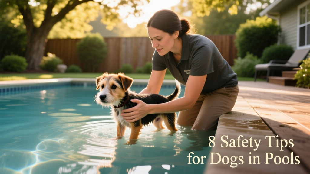 A trainer helping a nervous terrier puppy step into shallow pool water with gentle hand support