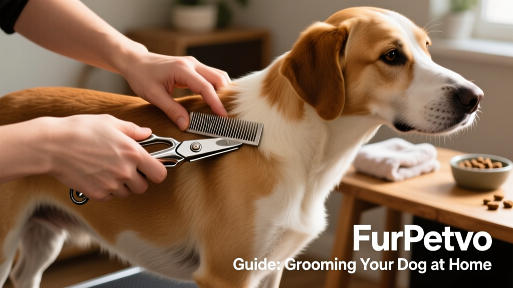 Close-up of hands using FurPetVo clippers with a guide comb on a dog's flank, showing smooth, even hair length and calm body language