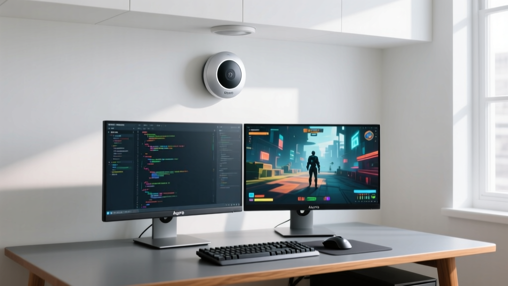 Aqara FP2 mmWave presence sensor mounted flush on a white ceiling directly above a dual-monitor gaming and coding desk setup