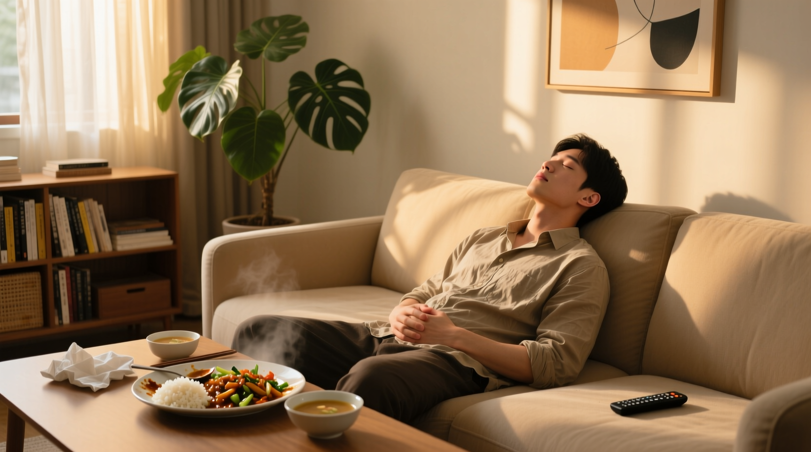 Person feeling sleepy after large meal on couch