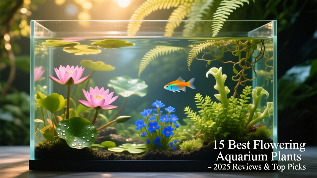 A vibrant aquascape featuring several flowering aquarium plants with visible blooms both above and below the water surface
