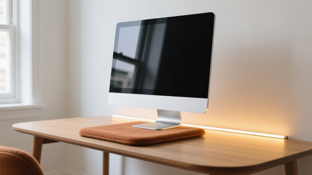 Modern minimalist home office desk setup featuring a wool felt pad, aluminum monitor riser, and warm ambient monitor light bar