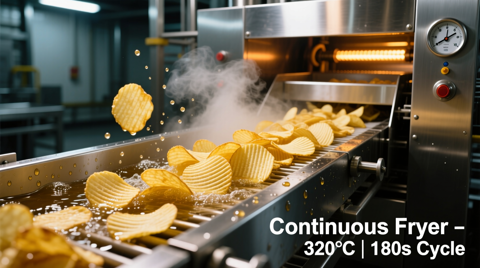 Industrial potato chip frying process in continuous fryer