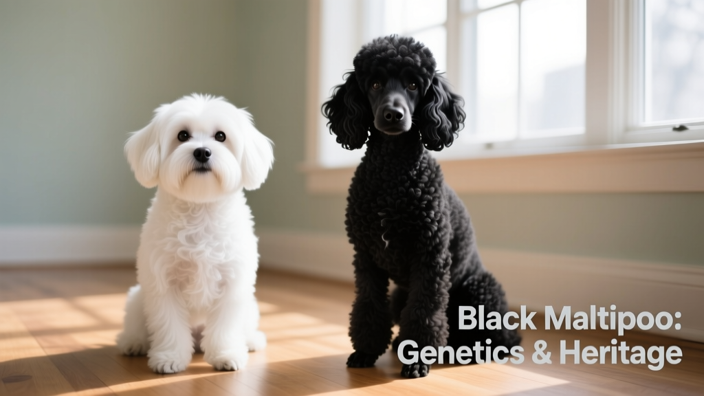 Side-by-side comparison showing a white Maltese and a black Poodle, illustrating the genetic origins of the black Maltipoo's coat color