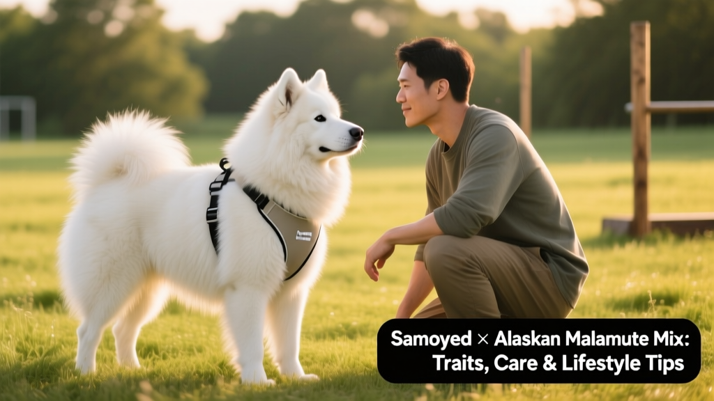 A well-groomed Samoyed-Alaskan Malamute mix standing calmly beside its owner during an outdoor training session, wearing a soft harness