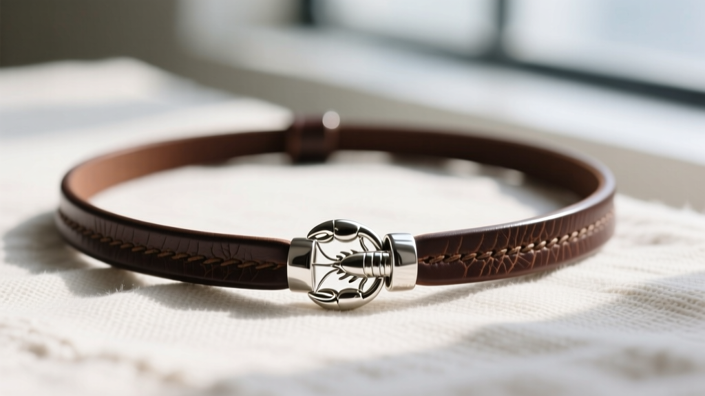 Close-up of a dark brown full-grain leather string necklace with a sterling silver lobster clasp resting on textured linen fabric.