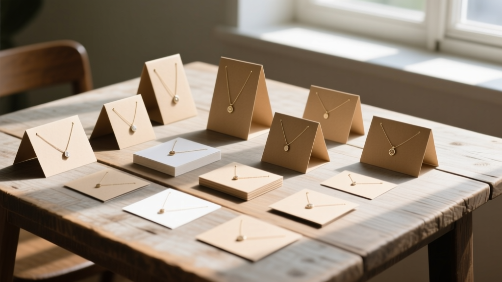 Flat lay of various sized eco-friendly Kraft paper necklace and earring display cards arranged on a wooden table with natural light.