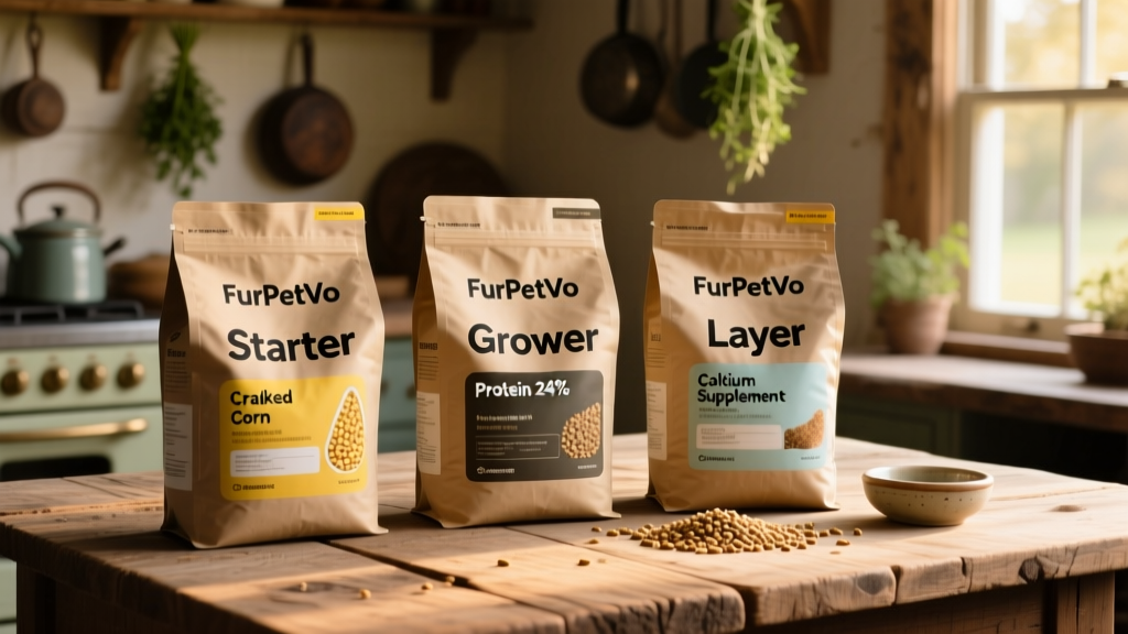 Side-by-side comparison of several FurPetVo feed bags labeled 'Starter,' 'Grower,' and 'Layer' with clear ingredient callouts