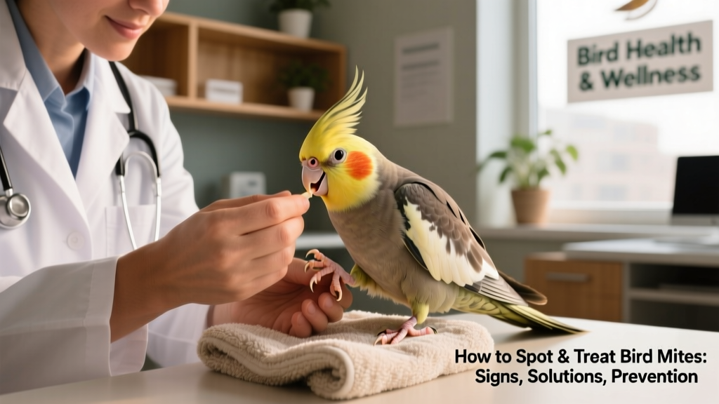 Veterinarian gently examining a cockatiel’s feet and beak during a routine checkup
