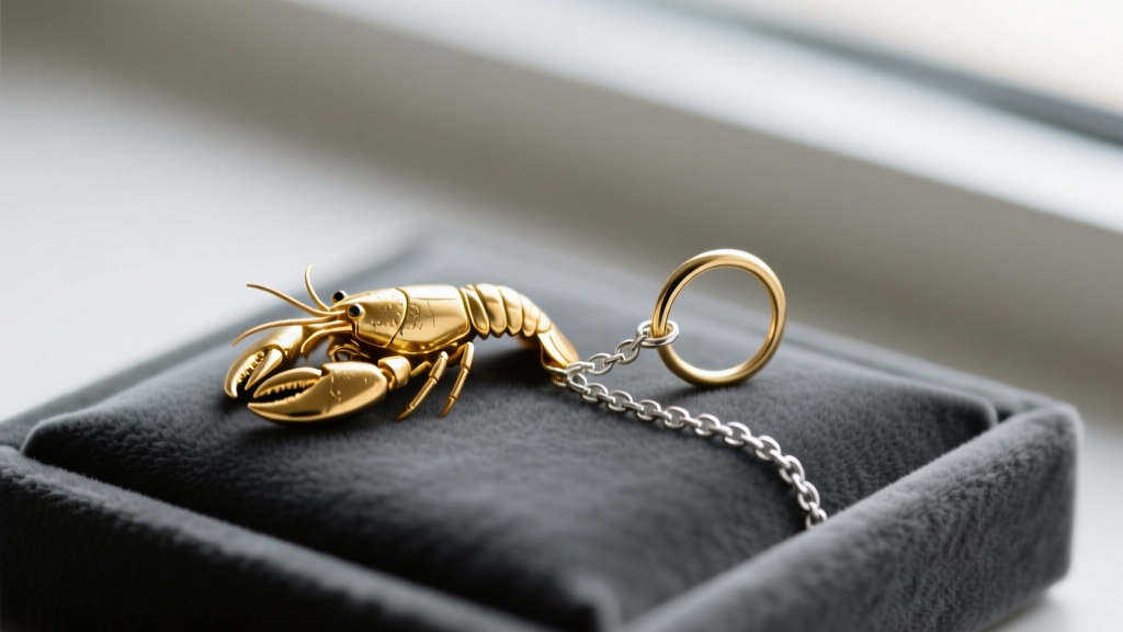 Close-up of a 5mm gold lobster clasp and 0.4mm jump ring on a delicate chain, resting on a dark grey velvet jeweler display pad.