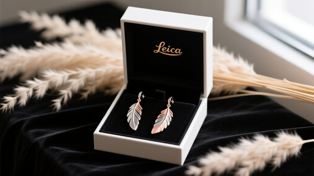 Open gift box displaying titanium and rose gold vermeil feather drop earrings on dark velvet, surrounded by dried pampas grass