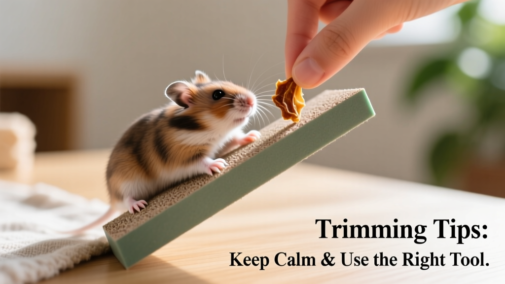 Hamster climbing a gently inclined emery board toward a treat held just above the surface