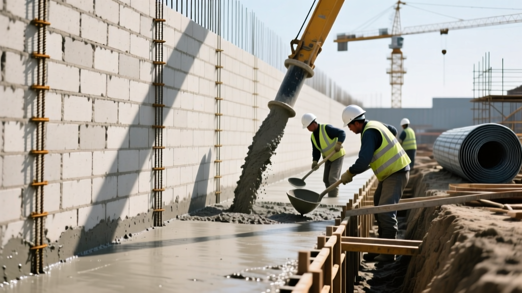 Crews pouring 4000 PSI concrete footing next to stacked reinforced CMU block wall with exposed rebar and fresh mortar joints