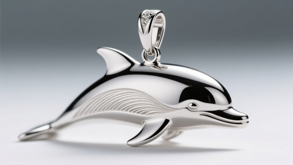 Macro shot of a rhodium-plated sterling silver dolphin pendant showing intricate dorsal fin texture and a secure hidden bail
