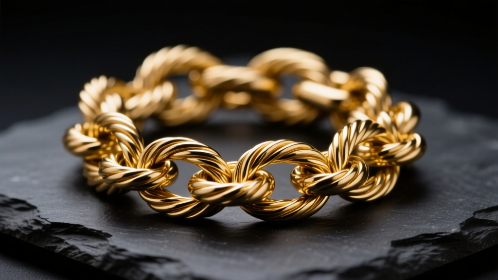 Macro photograph of a severely tangled 14k gold cable chain on a dark slate surface, illuminated by soft directional studio lighting.