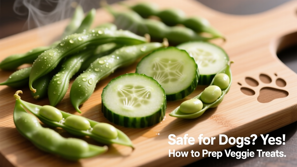 A close-up of freshly steamed green beans, sliced cucumbers, and peeled edamame beans arranged on a pet-safe bamboo cutting board