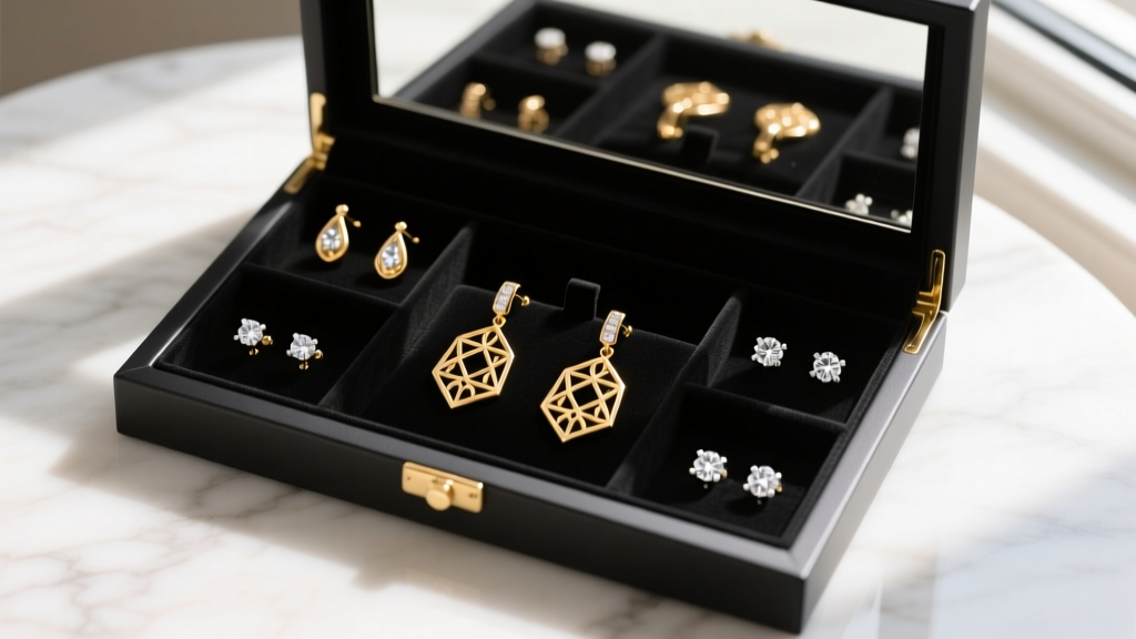 Overhead view of luxury jewelry box with anti-tarnish compartments holding high-end gold drop earrings and diamond studs