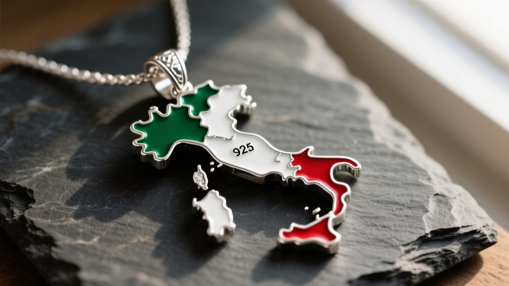 Close-up of a 925 sterling silver Italy map necklace with green, white, and red enamel accents resting on a dark slate surface