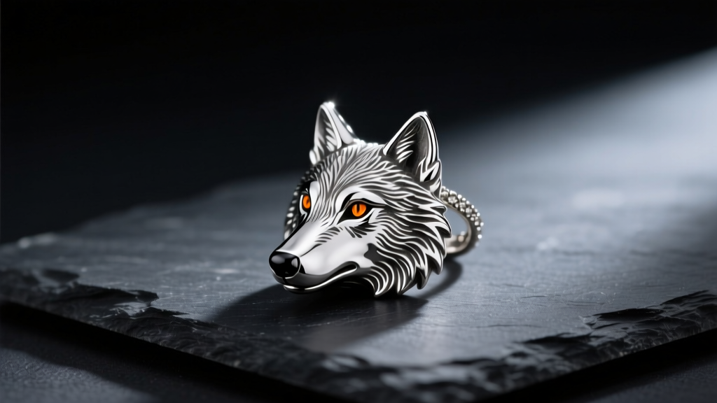 Sterling silver wolf pendant on dark slate, showing textured fur and amber eyes under dramatic directional studio lighting.
