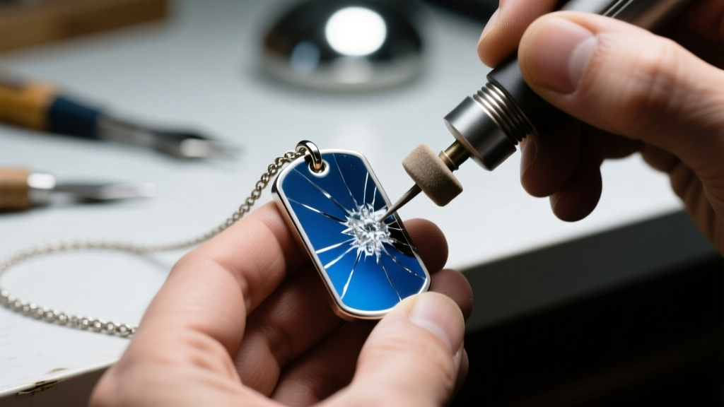 Jeweler applying fine diamond polishing paste to a scratched Grade 5 titanium dog tag necklace using a soft rotary buffing tool.