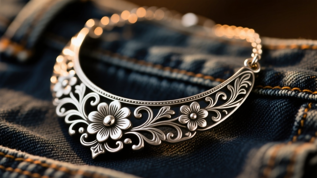 Ornate sterling silver western floral engraved necklace resting on dark denim fabric, close-up shot with warm rustic lighting.