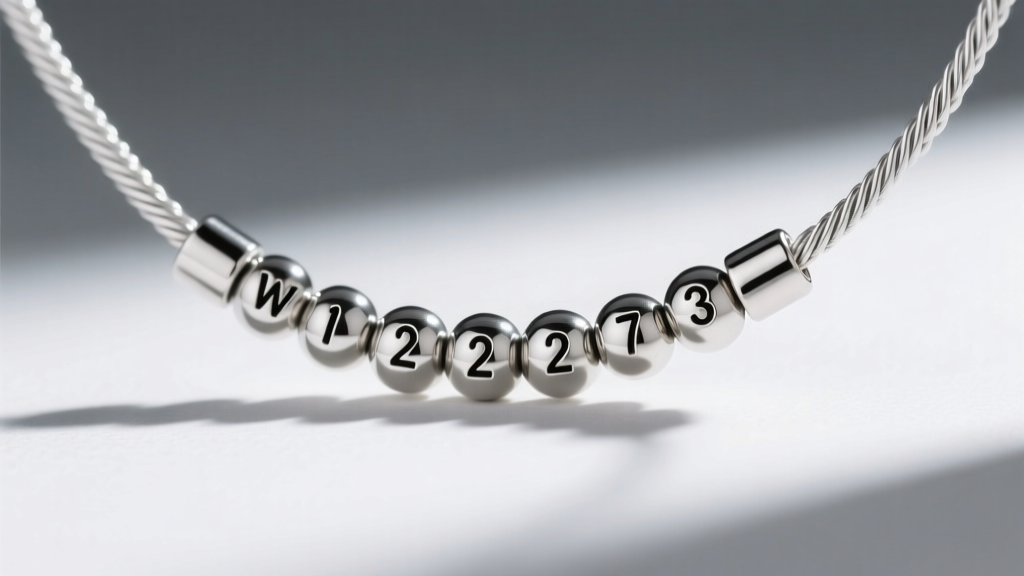 Macro shot of 316L surgical steel tube and round beads spaced precisely on nylon-coated wire for a Morse code pendant