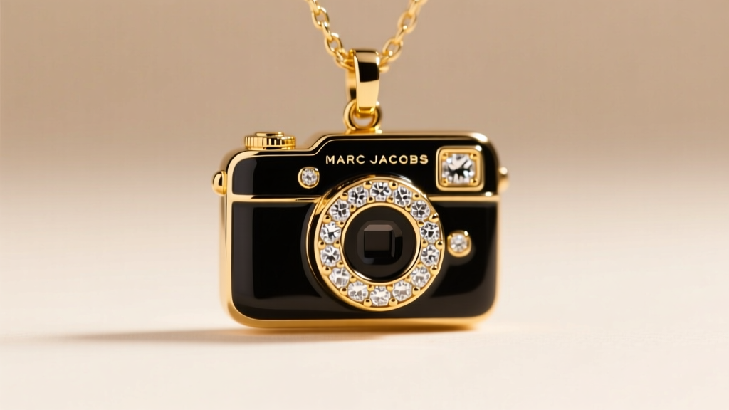 Macro shot of a Marc Jacobs Snapshot camera pendant with black enamel detailing and cubic zirconia accents on a gold chain