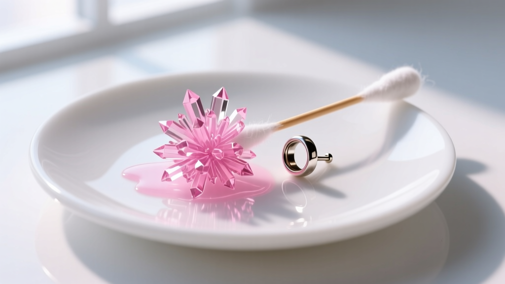 Pink dimethylglyoxime reaction on a cotton swab testing an earring post on a white plate under bright window light, macro detail.