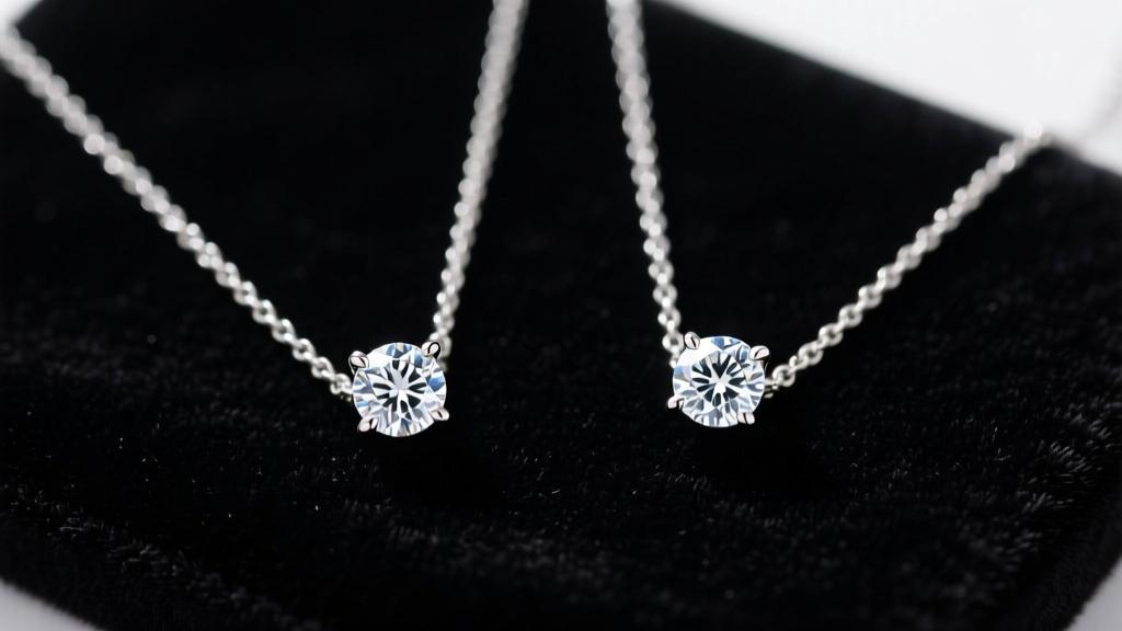 Flat lay of two lab-grown diamond line necklaces on dark velvet, highlighting 2mm stone clarity and secure four-prong settings.
