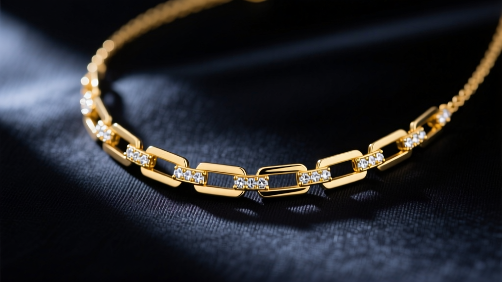 Close-up of a 14k yellow gold paperclip diamond necklace on dark silk, highlighting 5x15mm rectangular links and pave diamonds.