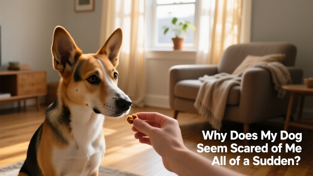 A calm, gentle hand offering a treat to a cautious dog sitting slightly back, in a softly lit living room
