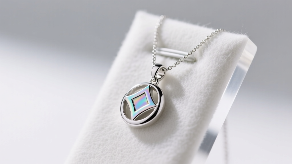 Macro shot of a silver pendant necklace resting on a felt-lined acrylic peg, highlighting the anti-tarnish barrier in soft light.