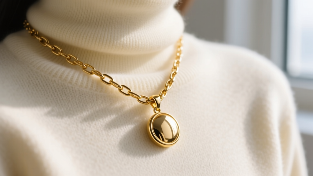 Macro shot of a gold-filled pendant necklace over a cream cashmere turtleneck, showing chain link texture and secure metal clasp