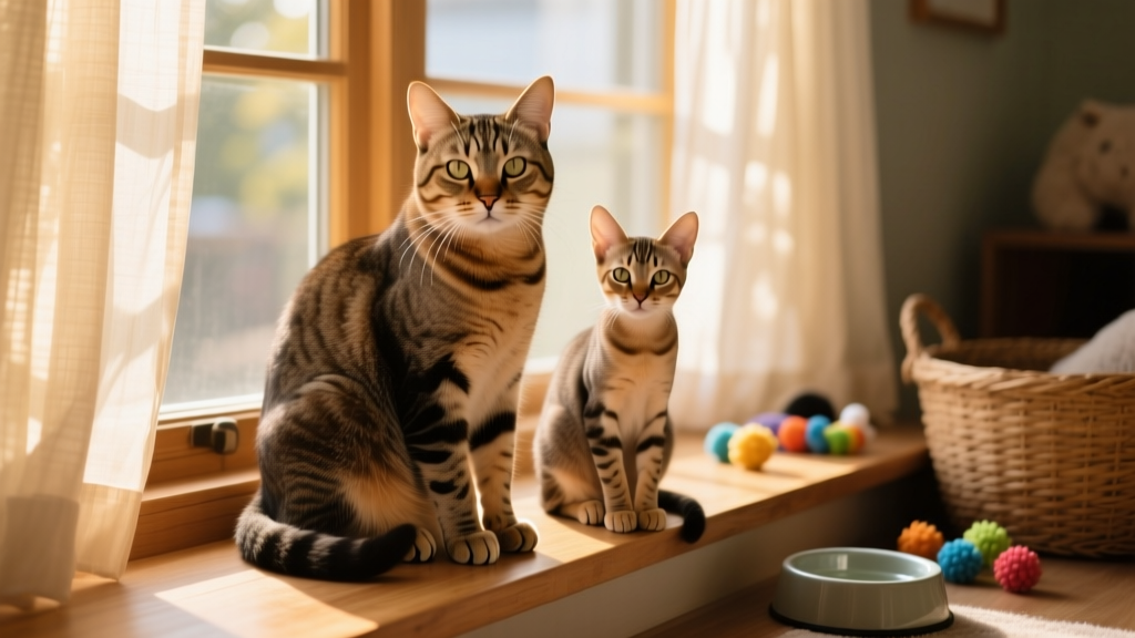 Two cats sitting side by side—one slightly larger and broader in the face, the other more petite—highlighting subtle physical differences between male and female cats