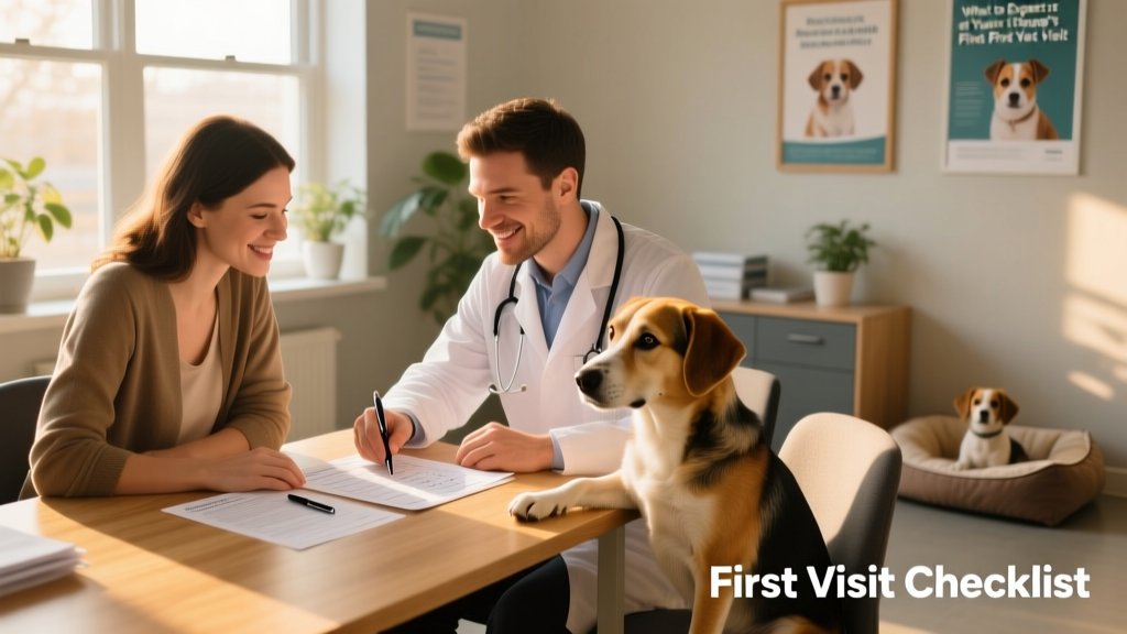 Owner and vet reviewing vaccination records together at a quiet consultation desk