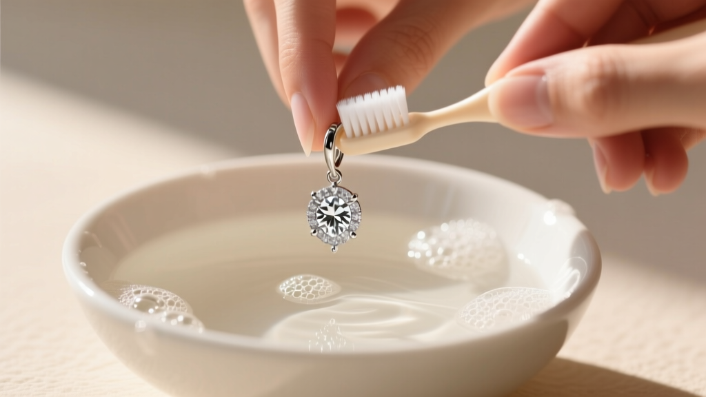 Hands gently brushing a silver diamond dangle earring with a soft baby toothbrush over a ceramic bowl of warm soapy water