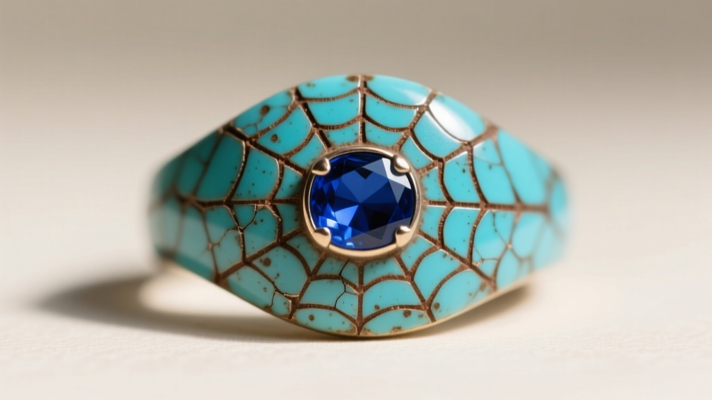 Macro view of vintage turquoise matrix showing brown spiderweb patterns and slight surface pitting from decades of daily wear.