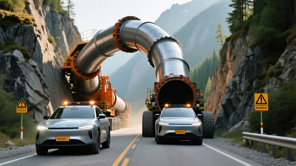 Front and rear pilot escort vehicles guiding an oversized pipeline bending machine through a narrow mountain pass intersection