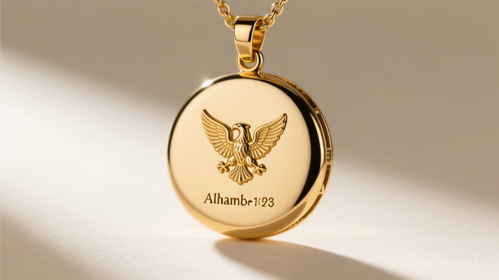 Close-up of a vintage alhambra pendant necklace back showing the laser-engraved serial number and French eagle gold hallmark.