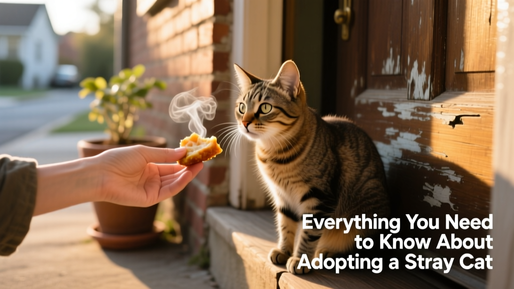 A gentle hand offering food to a cautious stray cat sitting near a doorway