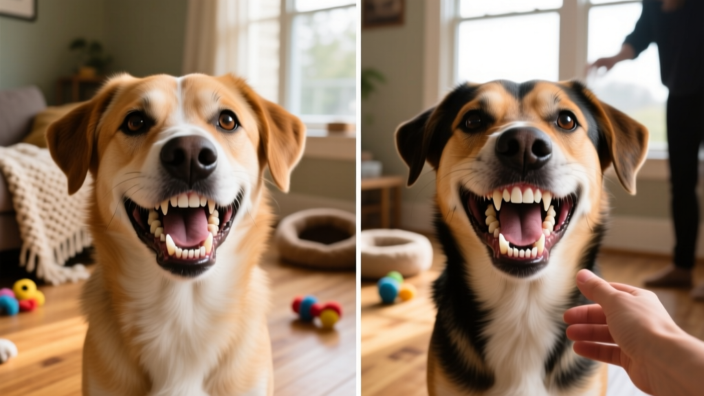 Side-by-side comparison showing normal canine bite versus underbite/overbite