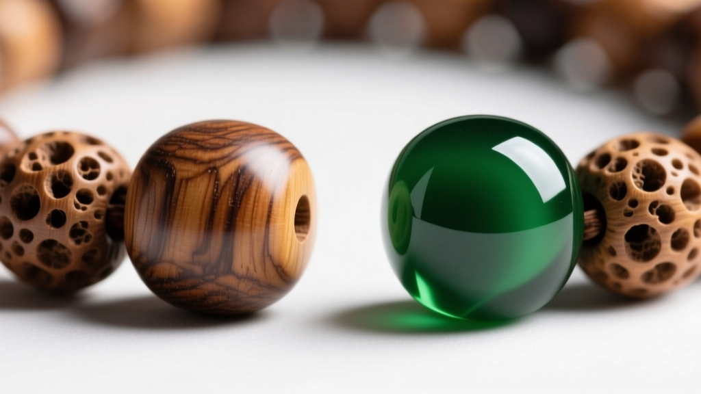 Side-by-side macro comparison of porous natural sandalwood beads and smooth, polished green epoxy resin cabochons under soft light