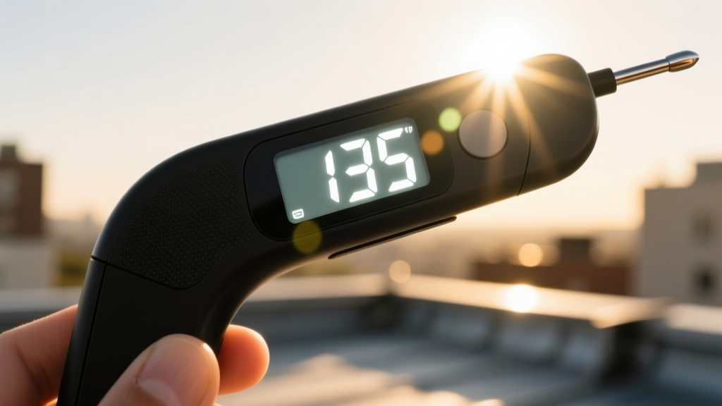 Close-up of a waterproof digital thermometer with a backlit LCD screen displaying 135 degrees against bright outdoor sunlight glare