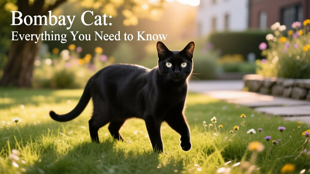 A sleek black Bombay cat standing confidently in sun-dappled grass