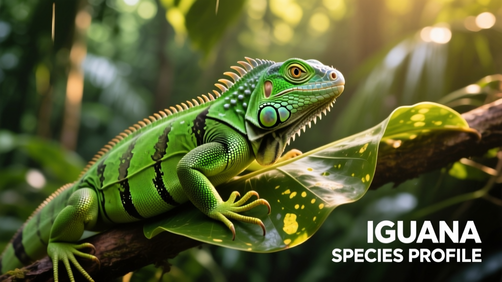 Close-up of a healthy green iguana perched on a broad leafy branch under warm basking light and UVB exposure